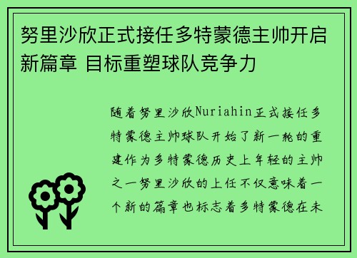 努里沙欣正式接任多特蒙德主帅开启新篇章 目标重塑球队竞争力