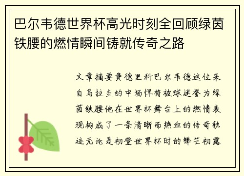 巴尔韦德世界杯高光时刻全回顾绿茵铁腰的燃情瞬间铸就传奇之路